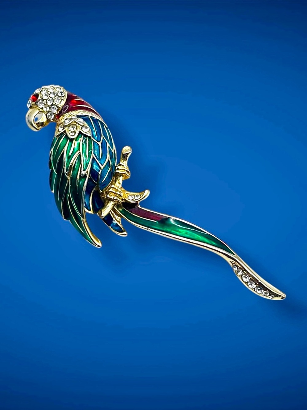 Vintage Enameled Rhinestone Parrot Perched Bird Brooch Pin Statement Pc